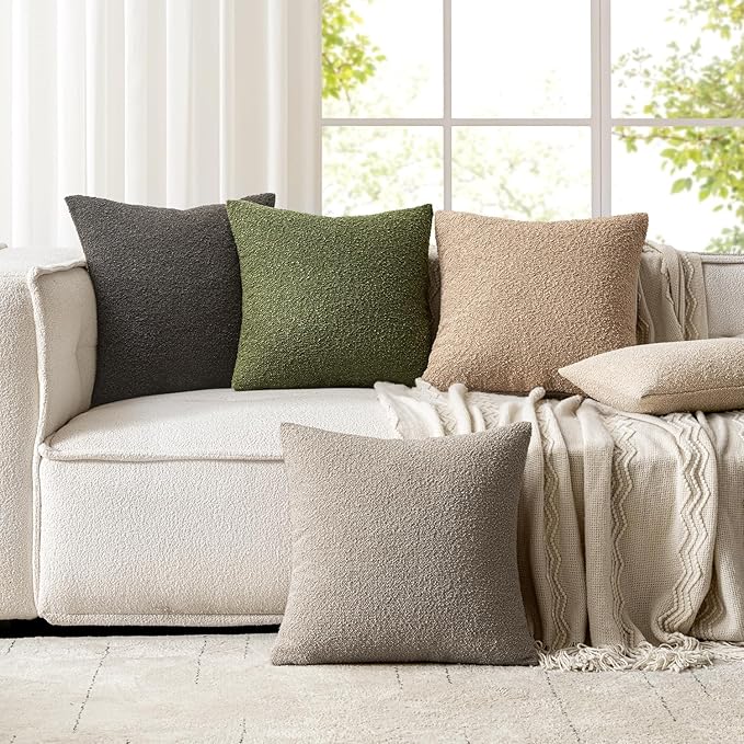 Woaboy Pack of 2 22x22 Inch Decorative Boucle Throw Pillow Covers Textured Square Pillowcaes Accent Euro Solid Cozy Soft Cushion Covers Home Decor for Sofa Couch Living Room Home Decor,Neutral