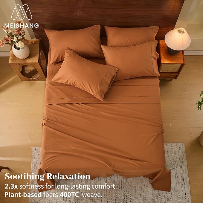 MEISHANG 100% French Pure Linen Sheets California King Size - 6 PC Extra Deep Pocket Sheet Set, Soft Durable Flax Linen, Anti-Tear Breathable & Oeko-Tex Certified 18-24 Deep Pocket,All Season(Orange)