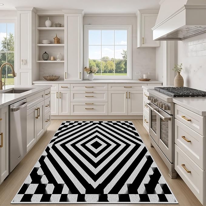 Black and White Rug 3x4, Checkered Soft Thin Indoor Floor Mats Carpet, Non-Slip Stain Resistant Washable Rugs, Modern Rhombus Geometric Rugs for Living Room, Farmhouse Rug
