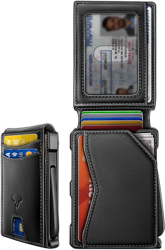 BULLIANT Men Wallet, Metal Wallet Money Clip Magnetic Flip Top Grain Leather 13 Cards Pop-up Access Simplifed Bill Folder