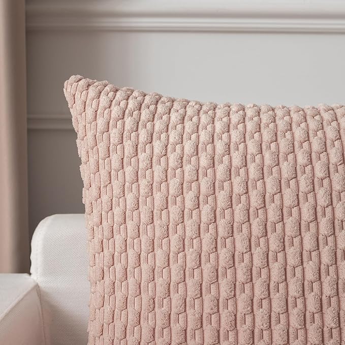 Kevin Textile 24x24 Pillow Covers 2 Packs Light Pink with Stripe Pattern Super Soft Corduroy Square Solid Cushion Cover Valentines Day Gifts for Couch Sofa Bedroom Living Room 60x60 cm