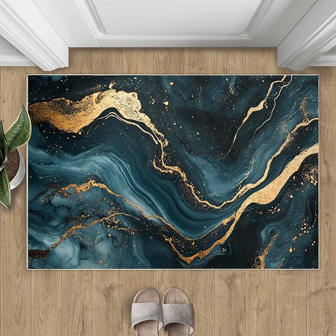 Marble Washable Area Rugs 2x3 Non-Slip Fluid Art Living Room Rug Gold Lines Soft for Carpet Low Pile Indoor Door Mat & Room Decor