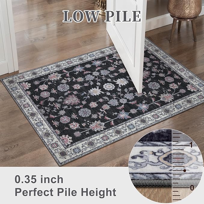 Tangsoo Washable Runner Rug for Hallway Non Slip, 2.6x8 Boho Floral Vintage Carpet Runner Rugs for Entryway, Floor Low Pile Runners for Kitchen Bathroom Laundry Bedroom Alfombra Black Red Farmhouse