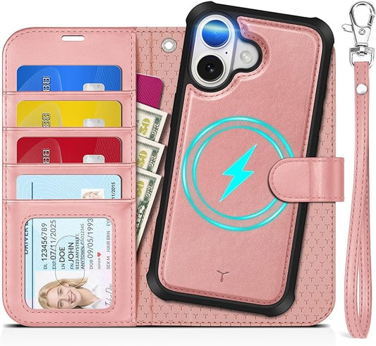 TUCCH 2-in-1 Detachable Wallet Case for iPhone 17 (6.3-inch) 2025, RFID Blocking 4 Card Slots, Wireless Charging, Wrist Strap, Kickstand, Magnetic, PU Leather, Protective Flip Cover, Rose Gold