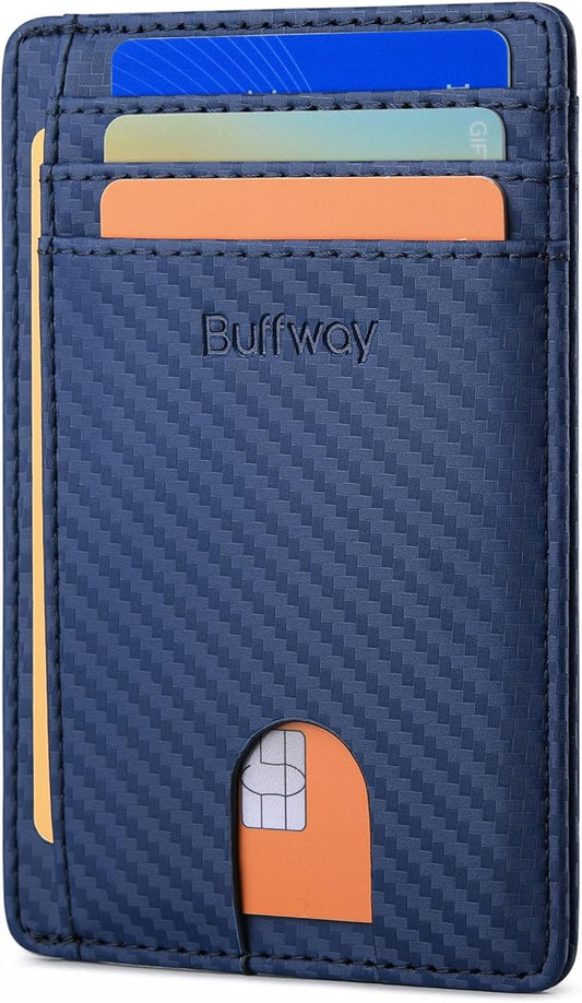 Buffway Slim Minimalist Front Pocket RFID Blocking Leather Wallets for Men and Women - Carbon Fiber Blue