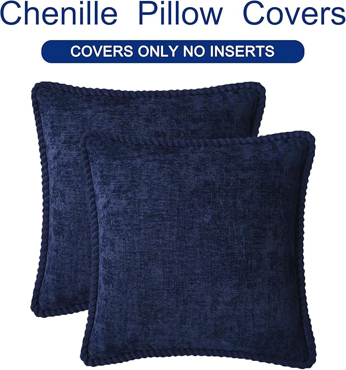 CaliTime Decorative Couch Throw Pillow Covers 16 X 16 Inches Pack of 2 Cozy Chenille Piping Edge Cushion Cases for Sofa Bed Living Room Home Navy Blue