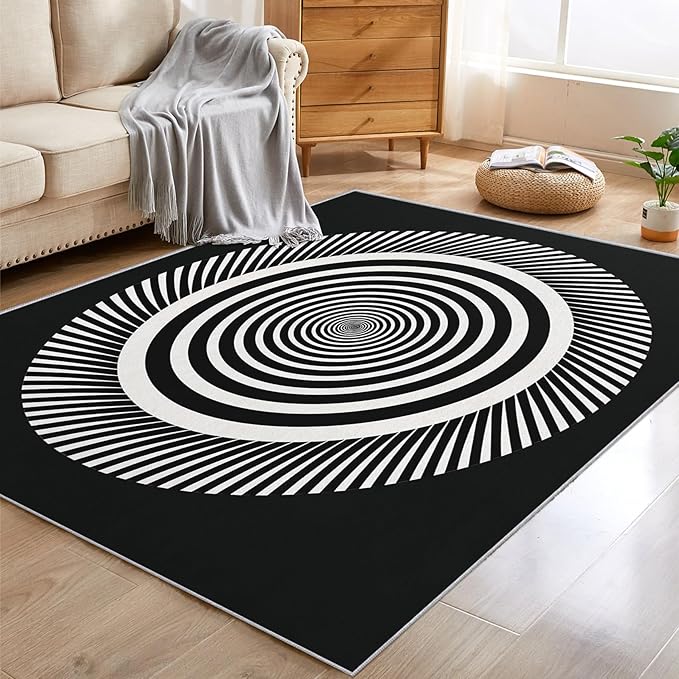 Black and White Circle Rugs for Home Decor, 6x8 ft, Abstract Op Art Area Rugs for Living Room, Soft Non Slip Washable Modern Geometric Carpet Bedroom Decorations Dt-Ghf-31