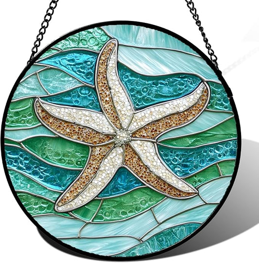 Stained Glass Window Hanging Teal Sea Waves Starfish 9.8" - Suncatcher Door Garden Sun Catcher Home Decor Birthday Mother's Day for Mom Men Woman Parents Her Child Nana