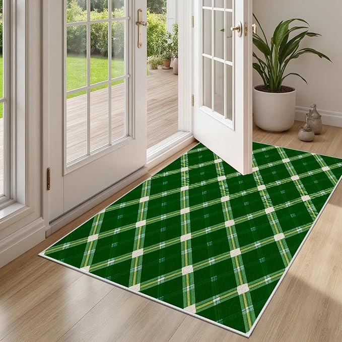 Plaid Rug - 6x9 Rug for Living Room, Geometric Stripes Soft Neutral Indoor Floor Carpet, Non-Slip Stain Resistant Modern Washable Rugs for Bedroom, Green Area Rugs