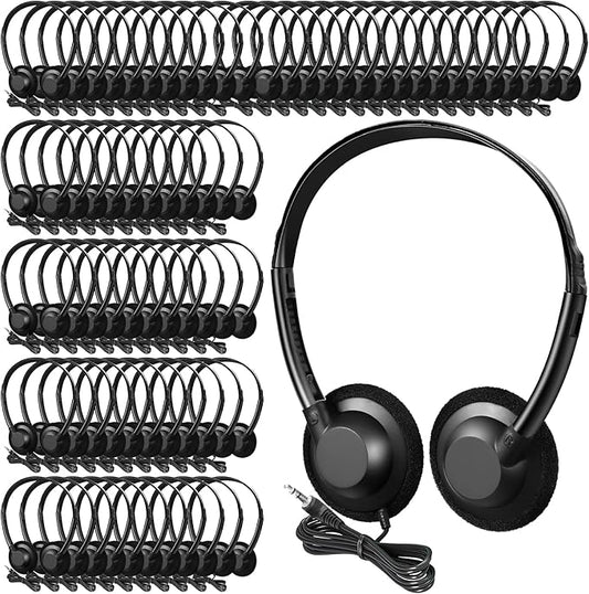 Flutesan 60 Pieces Classroom School Headphones Bulk on Ear Headphone with 3.5mm Headphone Plug in Adjustable Disposable for Kids Adults Student Noise Stereo Sound Library No Microphone