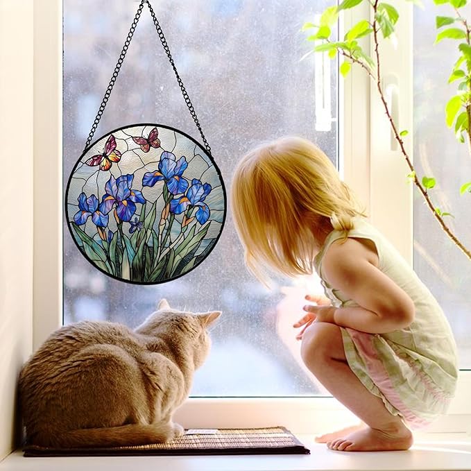DASTOLL Stained Glass Window Hanging, Blue Iris Flowers Butterfly Suncatcher Diamond Colorful Glass Panel Sun Catchers Decor for Birthday for Women, Men, Wife, Aunt, and Mom 7.8 in