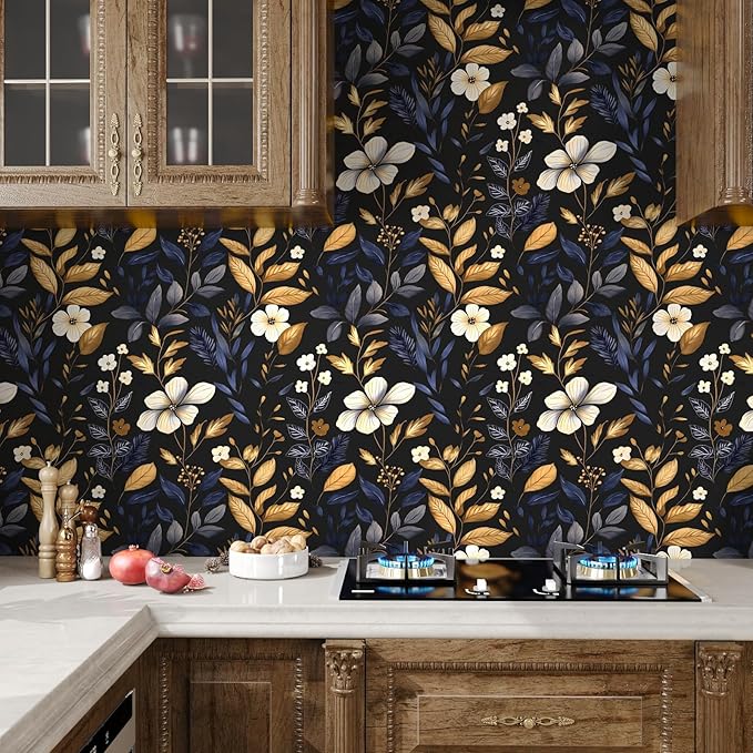 Blue/Gold Leaf Wallpaper Peel and Stick Vintage Dark Floral Wallpaper Waterproof Self Adhesive Removable Boho Wall Paper Modern for Bedroom Walls Drawer Cabinet 17.5in x393in