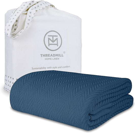Threadmill Luxury Cotton Blankets for Queen Size Bed | All-Season 100% Cotton Queen Size Blanket | Herringbone Soft Breathable Fall Thermal Blanket fits Full Size Bed | Folkstone Blue