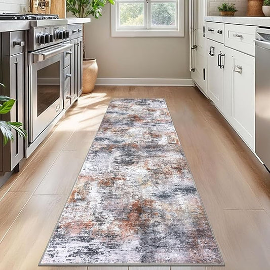 Modern Abstract Runner Rug for Bedroom 2x7, Grey Orange Multi Washable Kitchen Runner, Non-Slip Soft Thin Faux Wool Mat for Entryway, Hallway, Laundry Room Indoor