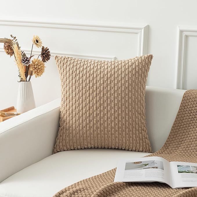 Kevin Textile 2 Packs Tan Decorative Throw Pillow Covers 22x22 Inch for Living Room Couch Bed Sofa Soft Striped Corduroy Square Cushion Case 55x55 cm Rustic Farmhouse Boho Home Decor
