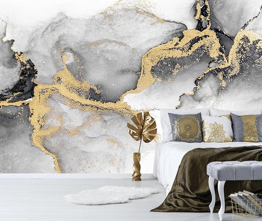 Black Gold Marble Wallpaper Abstract Ink Art Large Background Mural Living Room Office（Not Peel and Stick）