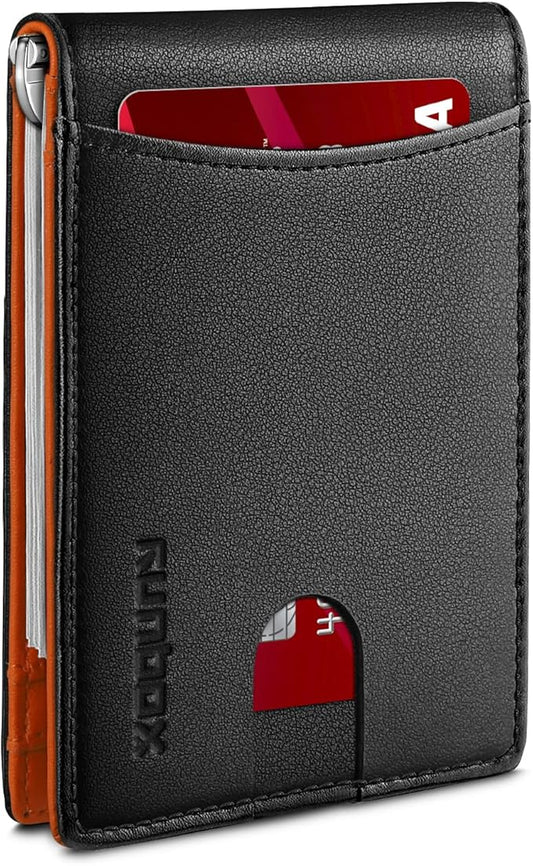 RUNBOX Slim Wallet for Men Genuine Leather RFID Blocking Bifold Minimalist Front Pocket Mens Wallet with Money Clip Thin Gift Box