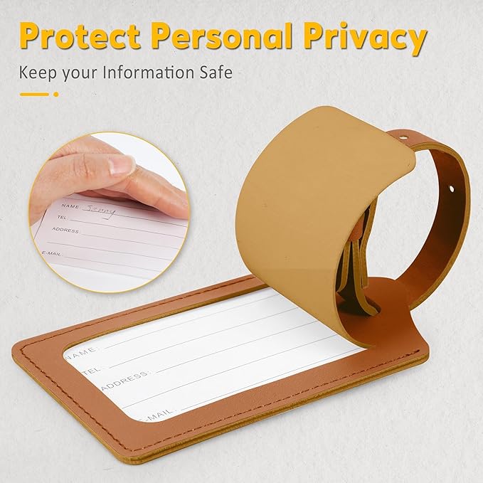 Travelambo 30 Pack Luggage Tags Faux Leather for Suitcases Travel Bag Labels with Protection Cover ID (Yellowish Brown)