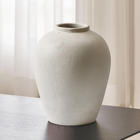 LB2 White Ceramic Large Vase, 12.7" Tall Zen Style vase, Terra Cotta Pitcher, Distressed Farmhouse Decor, Pottery Decorative Flower for Home Decor