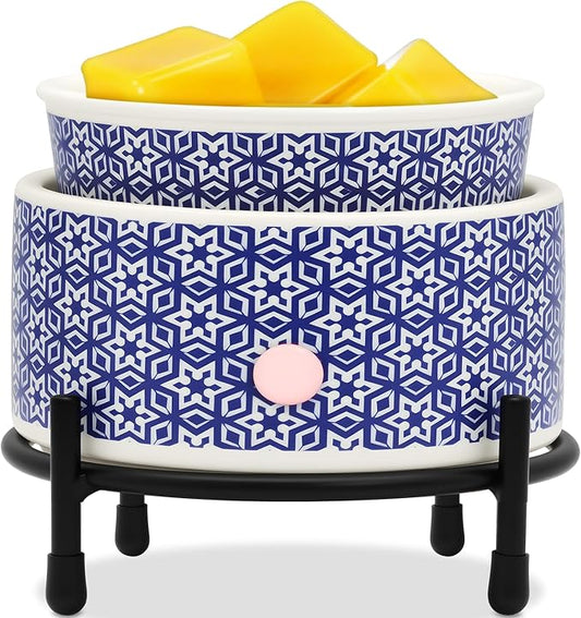Blue & White Porcelain Wax Warmer, Electric Wax Melt Warmer, 3-In-1 Ceramic Candle Warmer for Scented Wax Melter with Iron Shelf, Fragrance Oil Burner for Home Office Bedroom Gift & Decor(Blue Flower)