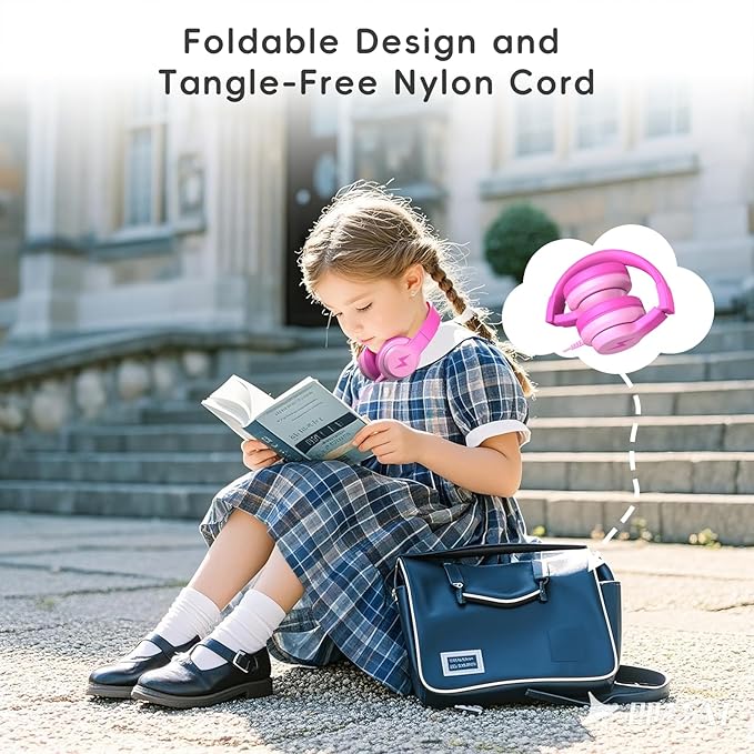 Kids Headphones, Wired Headphones for Kids Over Ear with Microphone, 85/94dB Volume Limiter Headphone for Girls Boys, Foldable Headphone for Learning & Entertainment, Gradient Deep Pink