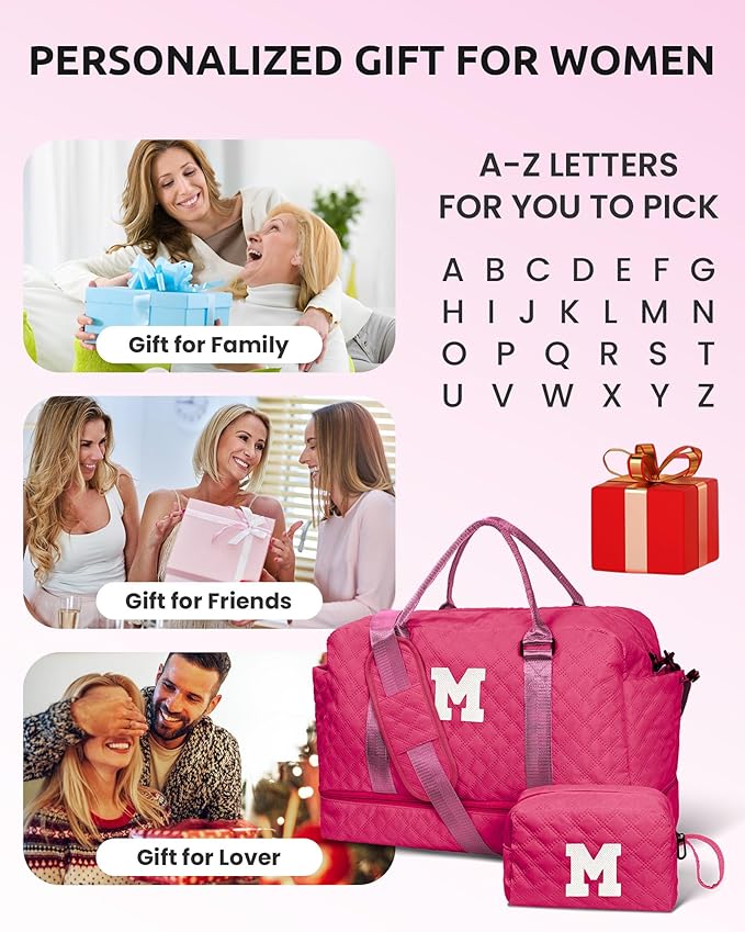 Vogewood Women Gift, Teen Gifts for Girls-Initial Travel Bag with Shoe Compartment, Personalized Weekender Bag, Monogram Overnight Bag for Women, Letter Travel Bag with Makeup Bag (Letter A)