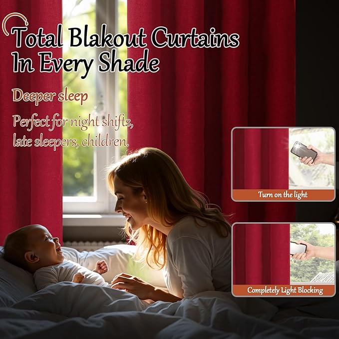 Lajode Red Christmas 100% Linen Blackout Curtains 63 Inch Long 2 Panels, Thick Heavy Thermal Insulated Cold Blocking Noise Reducing Window Curtains for Winter Decoration, Each 52x63 Inch 2 Panels