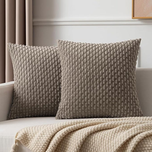 Kevin Textile 2 Packs Light Brown Euro Farmhouse Decorative Throw Pillow Covers 26x26 Inch for Living Room Couch Bed Sofa Rustic Boho Home Decor Soft Striped Corduroy Square Cushion Case 66x66 cm