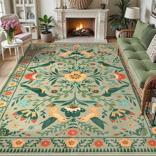 Moynesa Area Rugs 9x12 Green Aesthetic Home Decor, Modern Farmhouse Country Floral Bird Print Pattern Medallion Carpet for Living Room Bedroom Dining Room,Non-Slip Washable Floor Protection