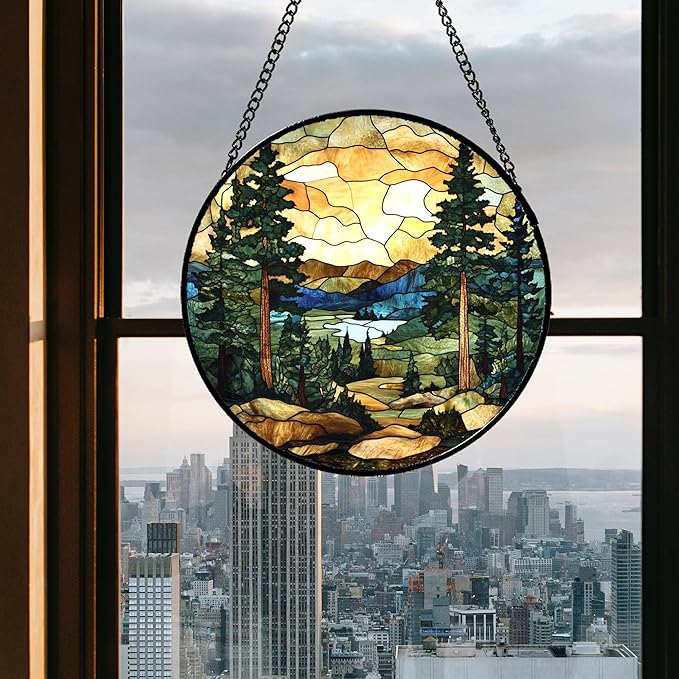 Stained Glass Window Hanging Forest Lake Mountain Sunset 6.3" - Suncatcher Door Garden Sunroom Sun Catcher Home Decor Birthday Christmas for Mom Men Woman Nana Friend
