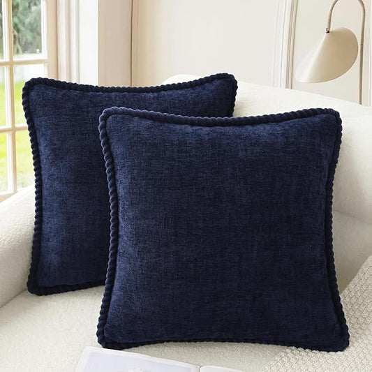 CaliTime Decorative Couch Throw Pillow Covers 16 X 16 Inches Pack of 2 Cozy Chenille Piping Edge Cushion Cases for Sofa Bed Living Room Home Navy Blue