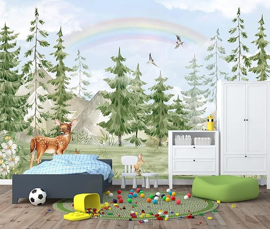 Green Pine Tree Wallpaper Safari Wallpaper Mural for Kids Room Nursery （Not Peel and Stick）