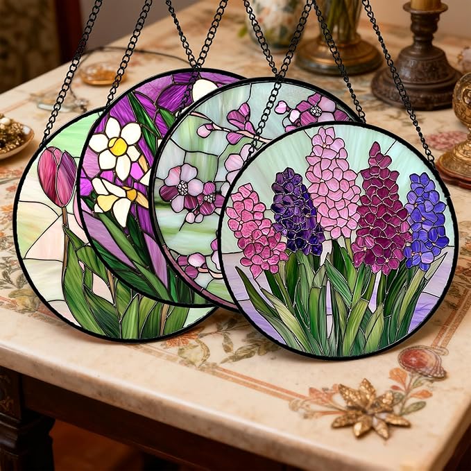 Stained Glass Window Hanging 4 Pcs Set Tulips Plum Flower Daffodils Hyacinths 7.8" - Suncatcher Door Garden Sun Catcher Decor Birthday Mother's Day for Mom Woman Nana