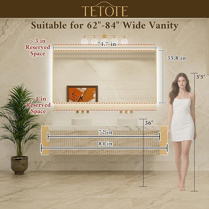 TETOTE 72 x 36 Backlit Bathroom Mirror Brushed Nickel Metal Frame LED Light Vanity 3-Color White/Warm/Natural Stepless Dimmable Anti-Fog Backlight Mirror Wall-Mounted