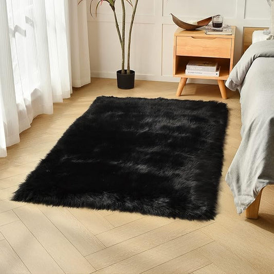 duduta Black Faux Sheepskin Fur Rug 3x5 ft, Fluffy Shag Bedroom Dorm Nursery Playroom Carpet Rug Non Slip Washable
