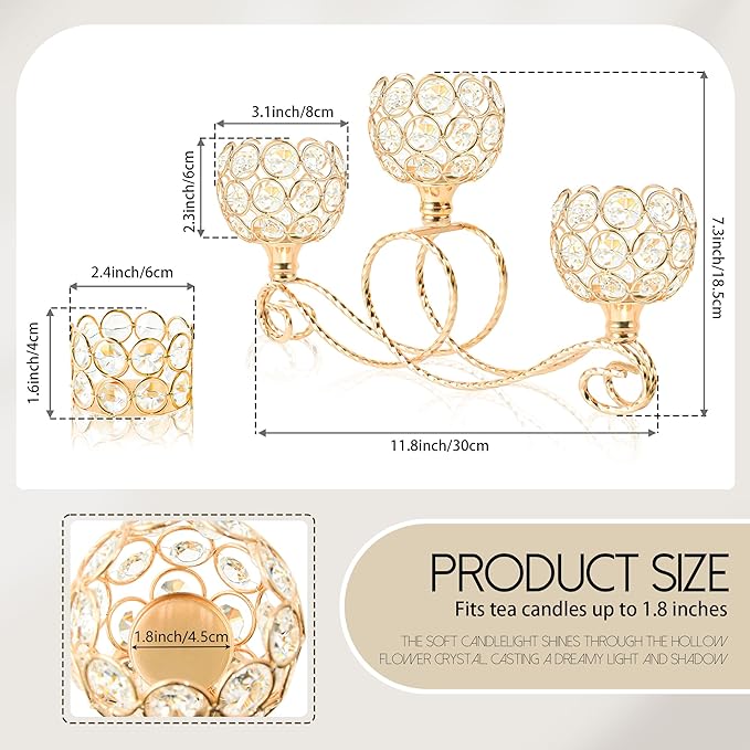 Gold 2 Pcs-3Arm Metal Crystal Tea Light Candle Holder, Elegant Wedding Table Centerpiece Candle Holder, Christmas Wishing Crystal Bowl Candle Holder Suitable for Wedding Party Living Room Decoration