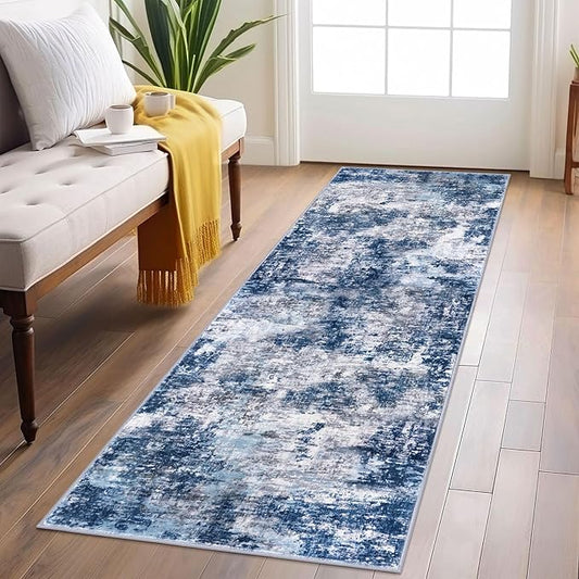 Modern Abstract Runner Rug 2x6, Grey Navy Blue Colorful Washable Kitchen Runner Non-Slip Soft Hallway Rug Runner Thin Print Faux Wool Carpet for Entryway Bedroom Laundry Room Indoor Home Decor