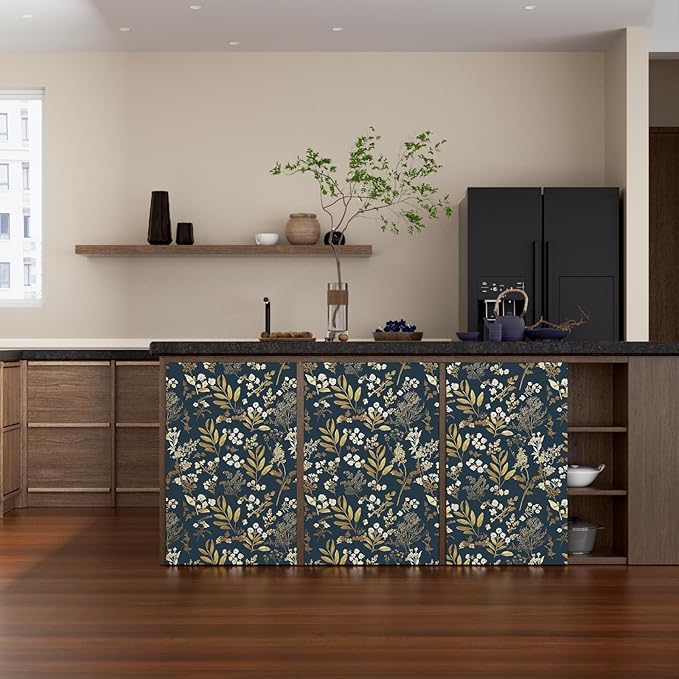 Dark Blue Leaf Wallpaper Peel and Stick Dark Blue Floral Wallpaper for Bedroom Vintage Leaf Contact Paper Waterproof Self Adhesive Boho Floral Wall Paper for Bedroom Walls Countertop 17.5in x 197in