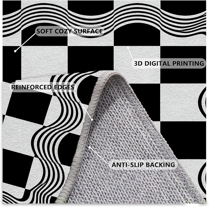 Checkered Area Rug, Checkerboard Rug, Geometric Plaid Washable Rugs, Modern Checkered Area Rugs, Wavy Line Carpet Non Slip for Bedroom Retro Home Decor Mat 5x6