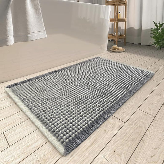 Upgraded Waffle Bath Mat, Super Absorbent Non Slip Bath Mats for Bathroom Floor, Machine Washable Bathroom Rugs with Tassels, Rubber Backed Bathroom Mats, Ultra Soft, 18" x 30",DarkGrey & Cream