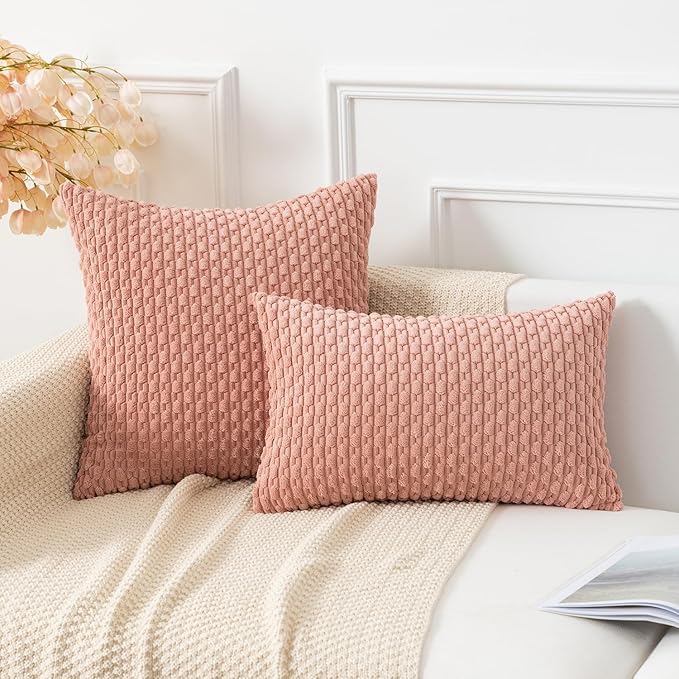 Kevin Textile Throw Pillow Covers Soft Corduroy Decorative Set of 2 Valentines Day Boho Striped Pillow Covers Pillowcases Farmhouse Home Decor for Couch Bed Sofa Living Room 12x20 Inch Baby Pink