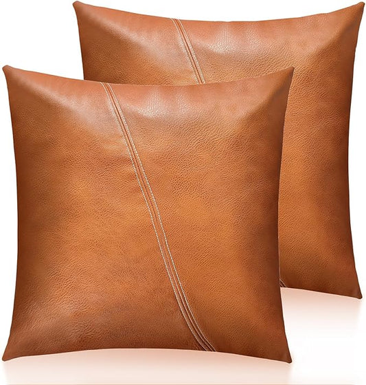 Faux Leather Throw Pillow Covers 20X20 Inch Barcelona Brown Outdoor Modern Farmhouse Solid Decorative Pillow Covers for Room Couch Living Bedroom Bed Sofa