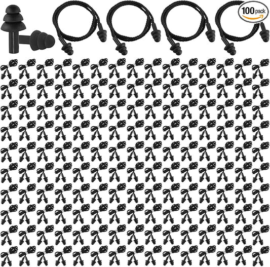 Xuhal 100 Pairs Black Corded Ear Plugs Silicone Reusable Earplugs Sound Blocking Individually Wrapped Ear Plugs Protection Hearing EarPlugs for Sleeping, Music, Shooting, Construction Work, Sports
