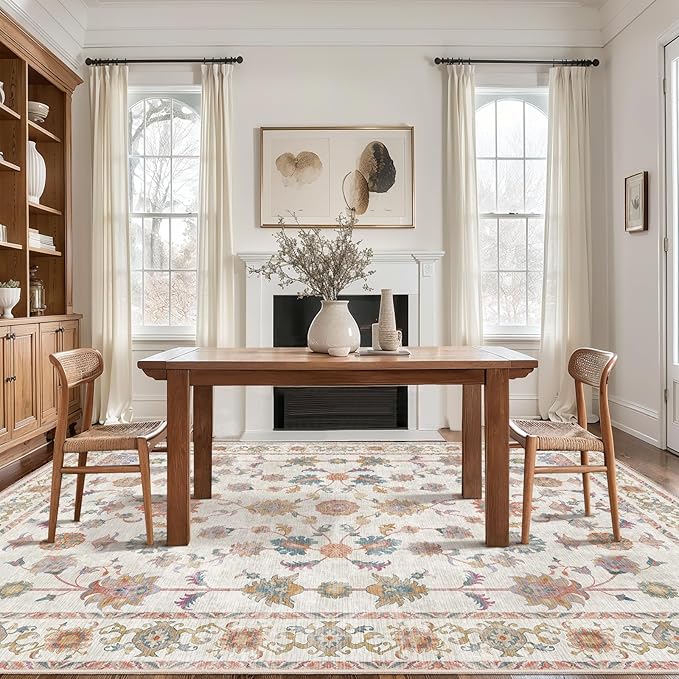 Tangsoo Floral Area Rug 6x9 Machine Washable Non-Slip Rug Vintage Distressed Boho Print, Soft Low Pile Carpet for Living Room, Bedroom, Dining Room, Pet & Child Friendly (Home Decor)