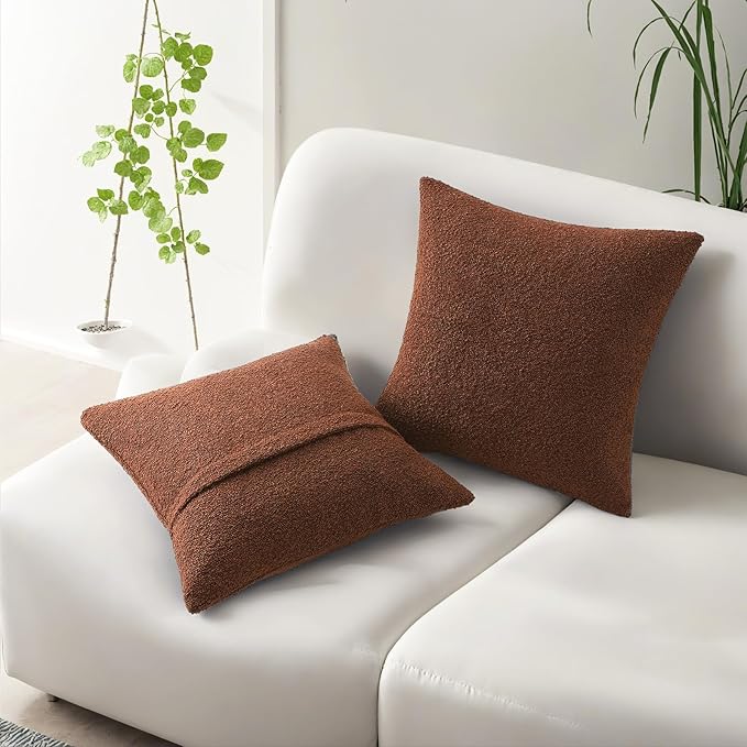 HAUSSY Set of 2 26x26 Decorative Throw Pillow Covers, Soft Cozy Euro Pillow Shams Textured Boucle, Home Decor for Couch Bed Living Room, Rust