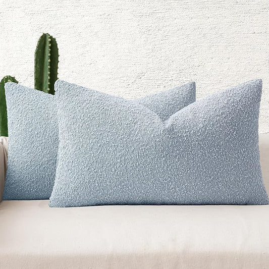 MIULEE 12x20 Inch Decorative Lumbar Throw Pillows for Bed Set of 2 Textured Boucle Neutral Winter Throw Pillow Covers Light Blue Accent Solid Pillowcases Sofa Livingroom Home Decor
