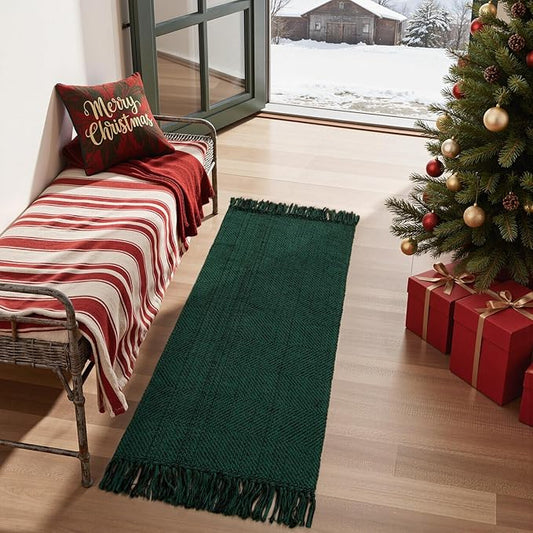 Collive Christmas Kitchen Rugs Washable, 2' x 4.3' Green Hand-Woven Farmhouse Bathroom Mats, Low File Front Door Rug Boho Reversible Bedroom Runner Carpet for Entryway Foyer Home Decor