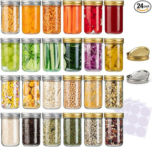 SPANLA Mason Jars 8 oz, 24 Pack Canning jars 8 oz Jelly Jars With Regular Lids and Bands, Half Pint Glass Jars Ideal for Jam, Honey, Wedding Favors, Shower Favors