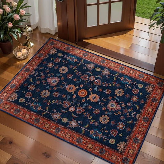 Tangsoo Floral Small Rug 2x3 Washable Rug for Entryways Vintage Non-Slip Area Rugs Red Blue Entry Rugs Distressed Floor Carpet Soft Low Pile Door Mat for Entrance Bedroom Kitchen Foyer Decor