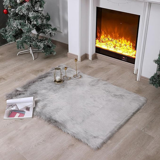 Faux Fur Rug Sheepskin Shag Fluffy Fuzzy Grey 3x4 ft Rugs for Bedroom Bedside Bed Floor Living Room Plush Rectangle High-Density Cushion Carpet Super Sofa Cover